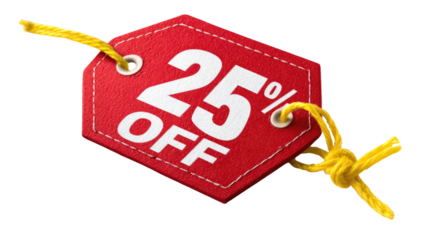 Red discount price tag with 25 percent off text yellow string retail promotion label isolated on white background