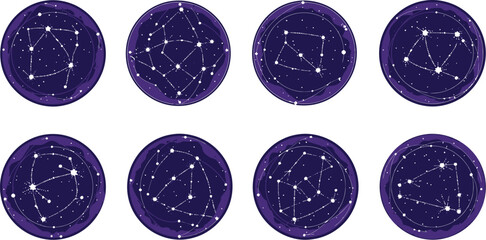 Eight circular illustrations depict various constellations against a dark starry background.