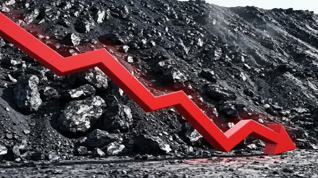Red arrow showing falling sales on a pile of coal representing economic decline and financial loss