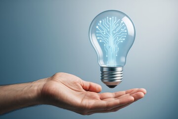 Futuristic light bulb with digital circuit tree floating above human hand on blue background symbolizing innovation and modern technology concept.