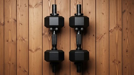 Pair of Black Hexagonal Dumbbell Weights Mounted on Warm Wooden Plank Background