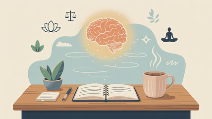 Mindful Moments: A serene desk setup invites contemplation, featuring a glowing brain, open notebook, and a warm cup of coffee, fostering mental clarity and tranquility.