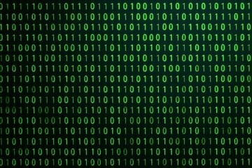 Glowing green binary code background with digital light effect on dark backdrop for creative cyber or tech-themed design concepts. Ai generative