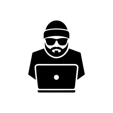 A cool bearded hacker in beanie and sunglasses working on a laptop, perfect for cybersecurity logos, tech startup branding, coding bootcamp merch, dark web stickers and digital nomad apparel.