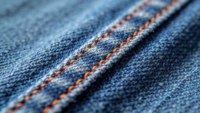 Macro shot of blue denim fabric texture with orange contrast stitching