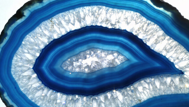 Macro Closeup of Blue Agate Geode Slice with Quartz Crystals