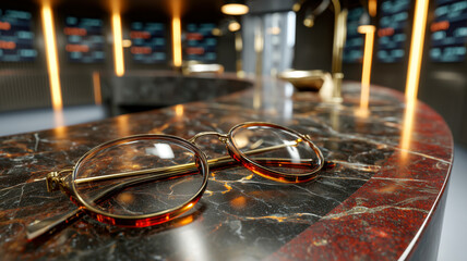 Elegant glasses rest on a marble counter, gold accents enhance the scene. Classic eyewear design meets luxury materials and finishes.