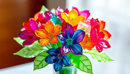 A beautiful spring bouquet of colorful tulips and purple viola flowers in full bloom features vibrant pink and lilac petals for a stunning floral garden display