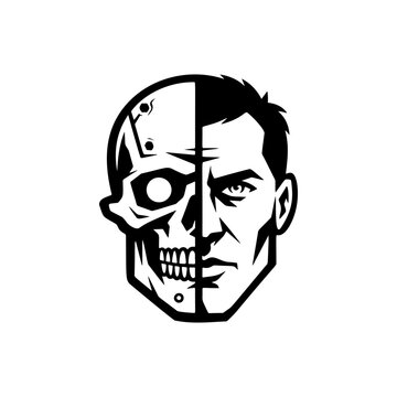 A striking half-man half-robot cyborg face in split design, with skeletal skull on one side and intense human features on the other