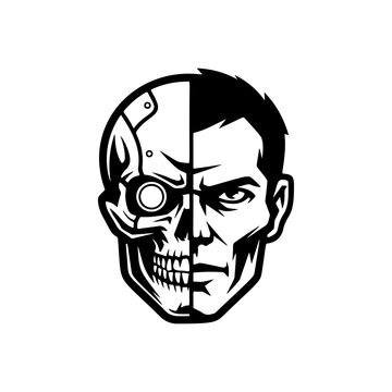 A striking half-man half-robot cyborg face in split design, with skeletal skull on one side and intense human features on the other
