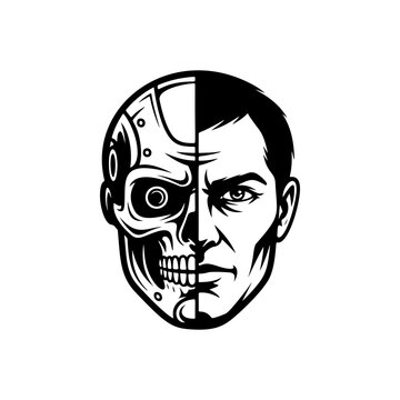 A striking half-man half-robot cyborg face in split design, with skeletal skull on one side and intense human features on the other, perfect for cyberpunk gaming logos