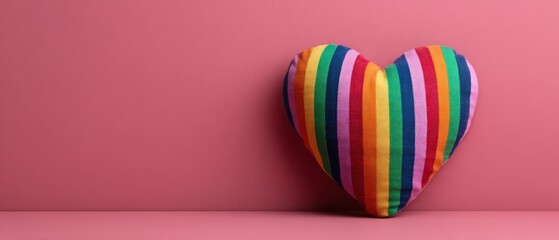 LGBTQ Pride Soft Plush Heart Shaped Pillow with Rainbow Stripes Against Pink Wall Inclusive Love Concept