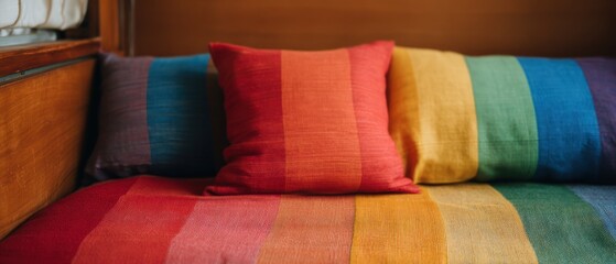 Vibrant Rainbow Striped Cushions and Woven Blanket on Wooden Bed LGBTQ Pride and Inclusive Home Decor Concept