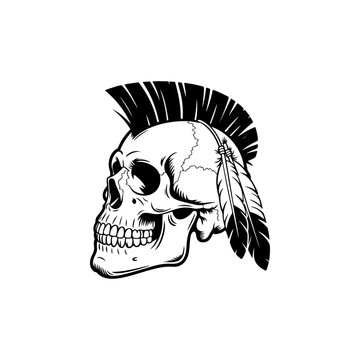 A fierce Native American skull with prominent mohawk crest and flowing feathers, ideal for tribal punk merch, biker gang logos, heavy metal band tees, 