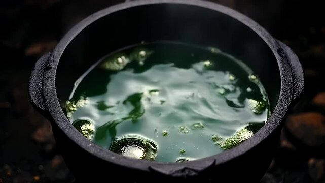 Magic potion boiling in a cauldron with steam rising. Halloween witchcraft concept.