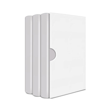 Book set in box packaging. Three hardcover volumes. Realistic 3d vector mockup. White blank closed hard cover books in slipcase. Mock-up. Template for design