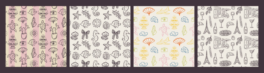 Whimsical hand drawn summer seamless pattern in trendy hand drawn style. Perfect background for quirky italian wedding holiday, poster cards, dinner and bar menu, fabric, wrapping paper