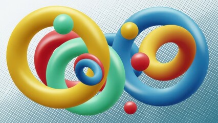 Vibrant 3D abstract composition featuring colorful geometric rings and spheres on a dotted light blue background.
