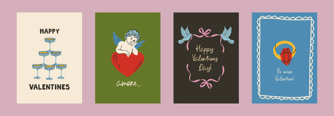 Obraz premium Romantic vintage poster illustration with hearts, bows, doves, cake and champagne. Cute whimsical Valentine’s Day and wedding design for greeting cards, menus, save the date, postcards, wall art