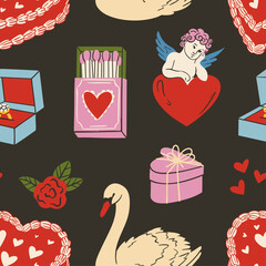 Fototapeta premium Seamless romantic doodle pattern with hearts, bows, doves, cakes and drinks. Cute vintage coquette illustration for Valentine’s Day, weddings and gifts. Trendy feminine design for wallpaper.