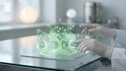 Scientist interacting with futuristic green tree interface in lab