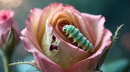 Macro photography of a bright green caterpillar crawling on a delicate pink rose bud