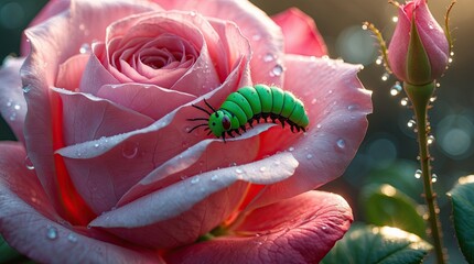 Macro photography of a bright green caterpillar crawling on a delicate pink rose bud