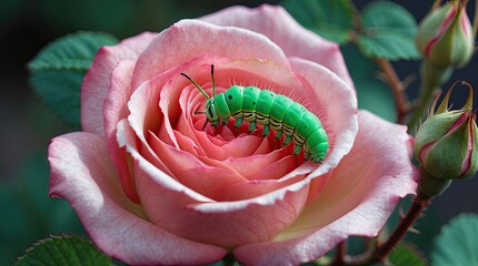 Macro photography of a bright green caterpillar crawling on a delicate pink rose bud