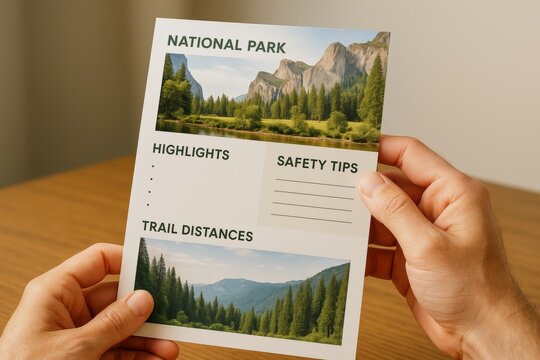 Person holding a creative national park brochure with scenic landscapes, blank highlights and tips section, ideal for travel and tourism design concepts. Ai generative