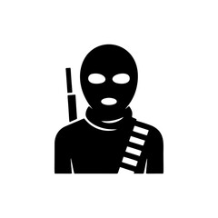 A masked figure in striped shirt with shoulder-slung rifle, ski mask covering face revealing intense eyes and open mouth, perfect for tactical gear brands, airsoft team logos, survivalist apparel