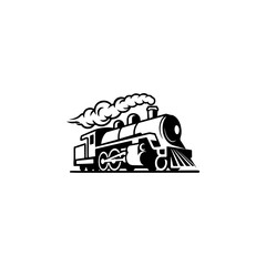 A classic steam locomotive chugging forward with billowing smoke from the stack, detailed wheels and passenger cars, perfect for railroad heritage brands, toy train logos, adventure travel merch