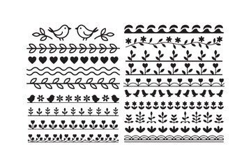 Decorative botanical border and divider pattern set with leaf silhouettes