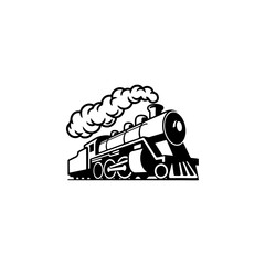 A classic steam locomotive chugging forward with billowing smoke from the stack, detailed wheels and passenger cars, perfect for railroad heritage brands, toy train logos, adventure travel merch