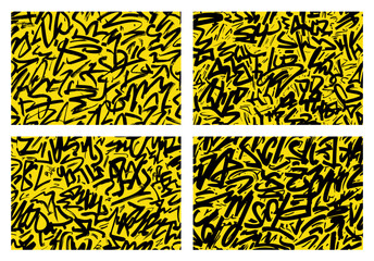 Abstract graffiti-style vector pattern set with bold black handwritten marks on yellow backgrounds, delivering high-contrast urban textures for contemporary graphic and poster design. © MCGORIE