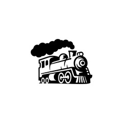 A classic steam locomotive chugging forward with billowing smoke from the stack, detailed wheels and passenger cars, perfect for railroad heritage brands, toy train logos, adventure travel merch