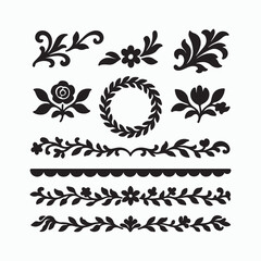 Floral ornament silhouette set with decorative wreaths and borders