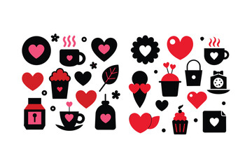 Love and romance icon set with hearts, gifts, coffee and shopping symbols