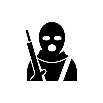 A masked figure in striped shirt with shoulder-slung rifle, ski mask covering face revealing intense eyes and open mouth, perfect for tactical gear brands, airsoft team logos, survivalist apparel