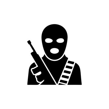 A masked figure in striped shirt with shoulder-slung rifle, ski mask covering face revealing intense eyes and open mouth, perfect for tactical gear brands, airsoft team logos, survivalist apparel