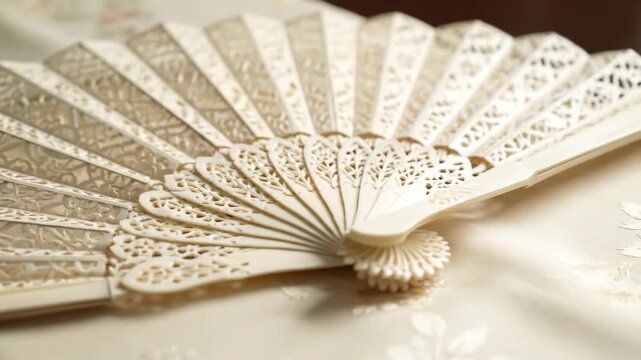A beautiful ivory folding fan in an elegant display