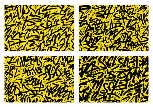 Abstract graffiti-style vector pattern set with bold black handwritten marks on yellow backgrounds, delivering high-contrast urban textures for contemporary graphic and poster design.