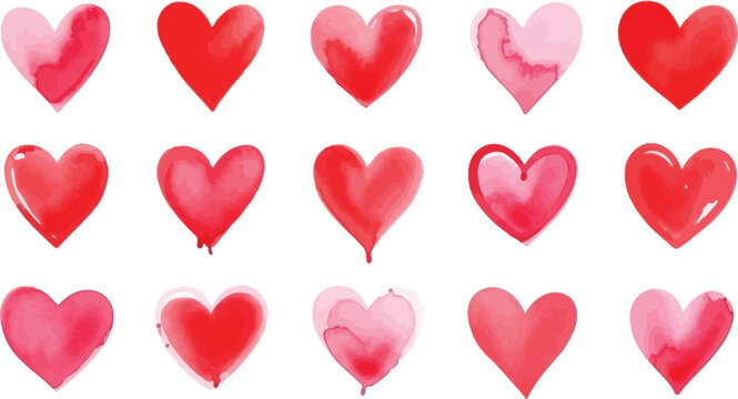 Collection of vibrant watercolor hearts in various shades of red and pink, perfect for romantic designs, Valentine's Day, and love-themed projects. Hand-painted artistic elements.