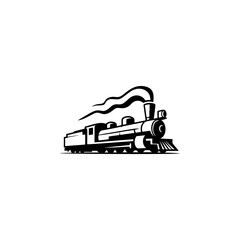 A classic steam locomotive chugging forward with billowing smoke from the stack, detailed wheels and passenger cars, perfect for railroad heritage brands, toy train logos, adventure travel merch