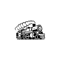 A classic steam locomotive chugging forward with billowing smoke from the stack, detailed wheels and passenger cars, perfect for railroad heritage brands, toy train logos, adventure travel merch