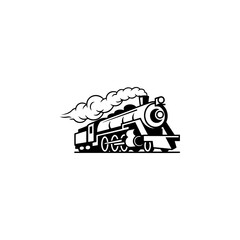 A classic steam locomotive chugging forward with billowing smoke from the stack, detailed wheels and passenger cars, perfect for railroad heritage brands, toy train logos, adventure travel merch