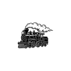 A classic steam locomotive chugging forward with billowing smoke from the stack, detailed wheels and passenger cars, perfect for railroad heritage brands, toy train logos, adventure travel merch