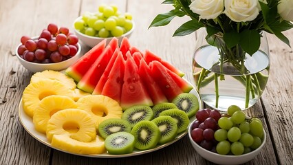 Vibrant fruit platter with watermelon, pineapple, and kiwi