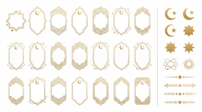 Islamic Geometric Vector Frames and Icons &ndash; Gold Ornamental Shapes, Crescent Moons, Stars, Arrows for Ramadan, Eid, Logo Design, Cultural Art, and Decoration