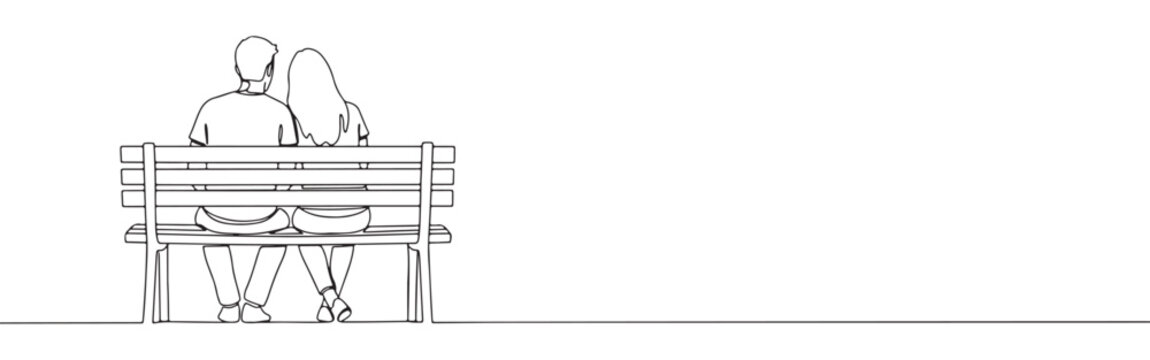 Continuous one line drawing of a couple sitting on a park bench, embracing and enjoying a romantic moment from behind