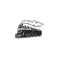 A classic steam locomotive chugging forward with billowing smoke from the stack, detailed wheels and passenger cars, perfect for railroad heritage brands, toy train logos, adventure travel merch